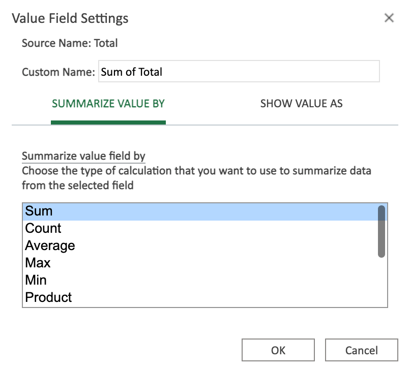 Pivot Value settings view