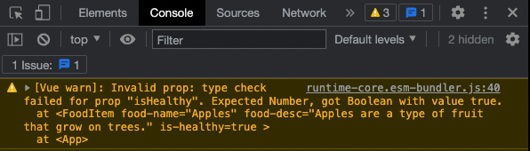 Screenshot of wrong data type prop warning